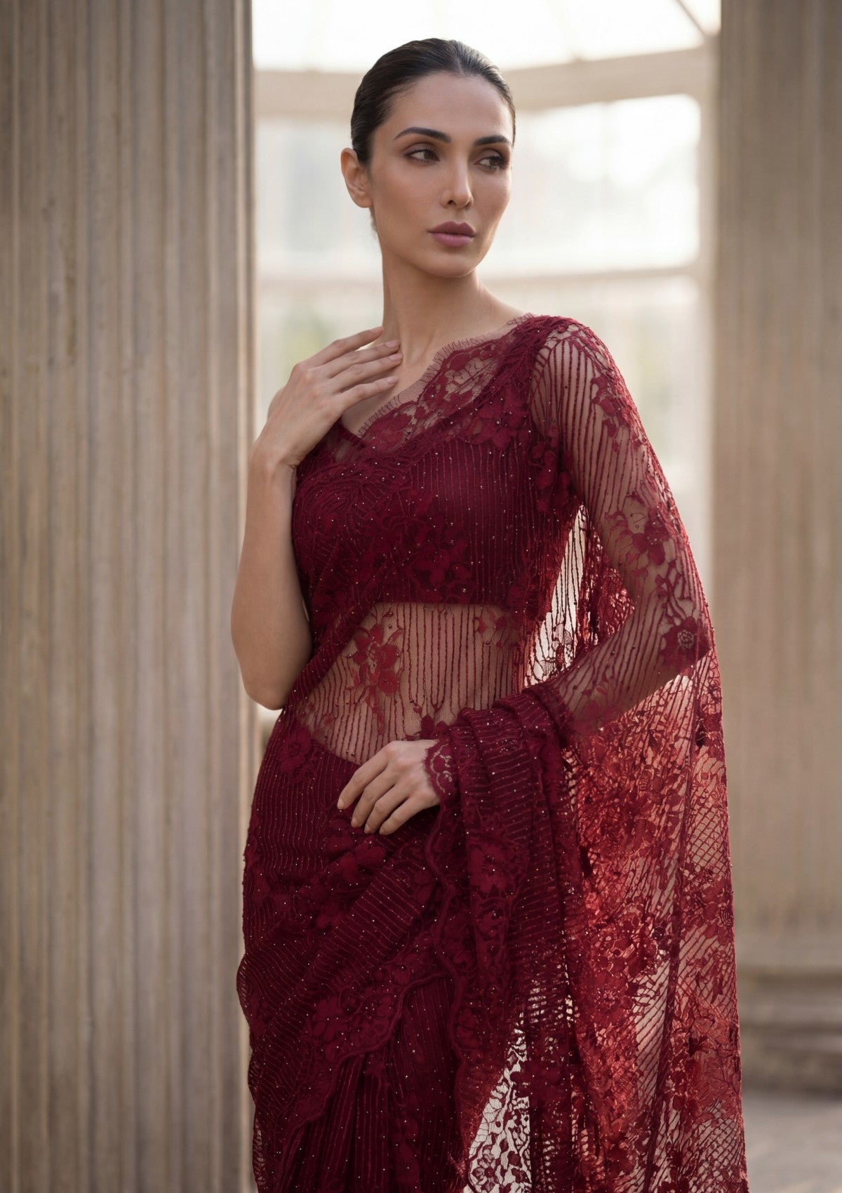 Fancy Chantilly Lace Saree - Maroon