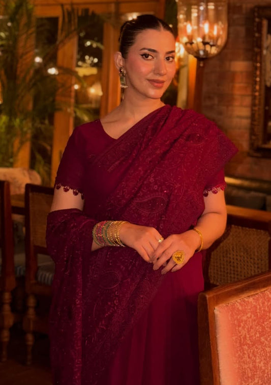 Georgette Embroidered Chiffon Saree - Maroon