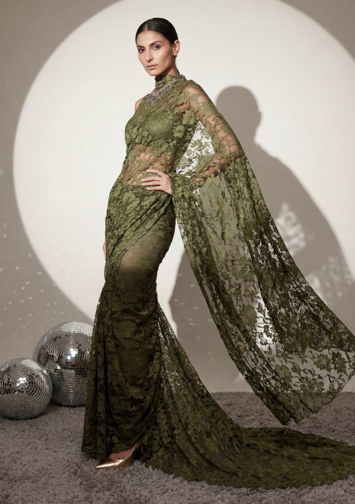 Fancy Chantilly Lace Saree - Olive Green