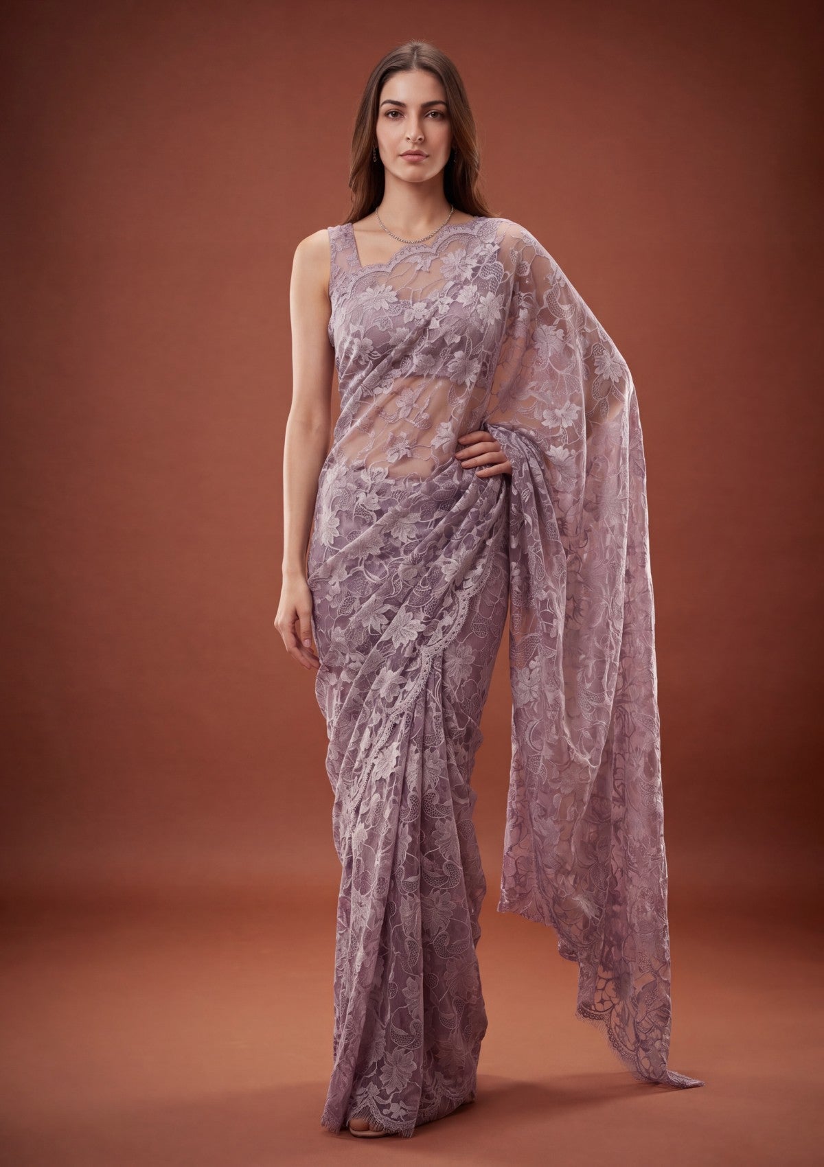 Fancy Chantilly Lace Saree - Light Purple