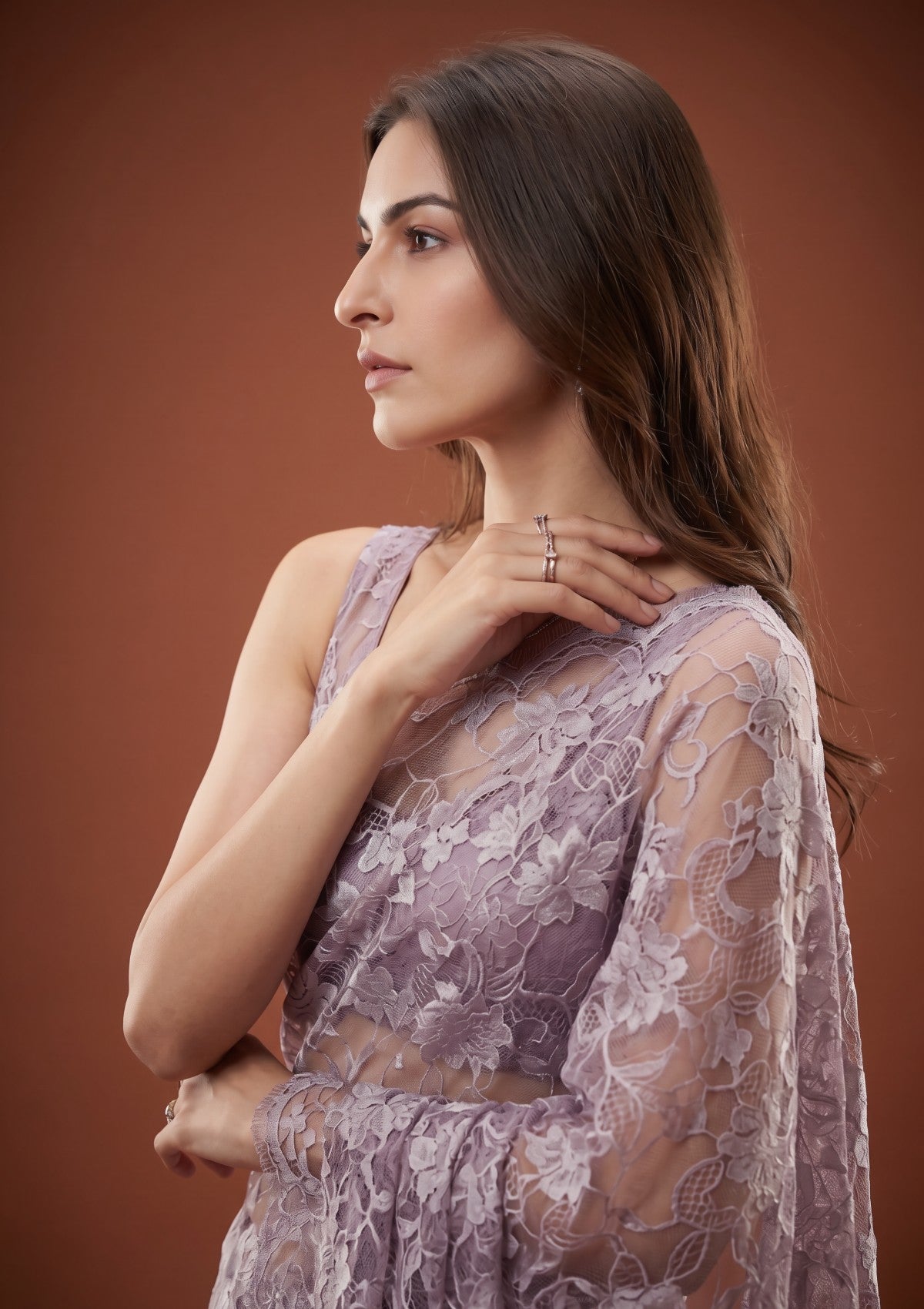 Fancy Chantilly Lace Saree - Light Purple