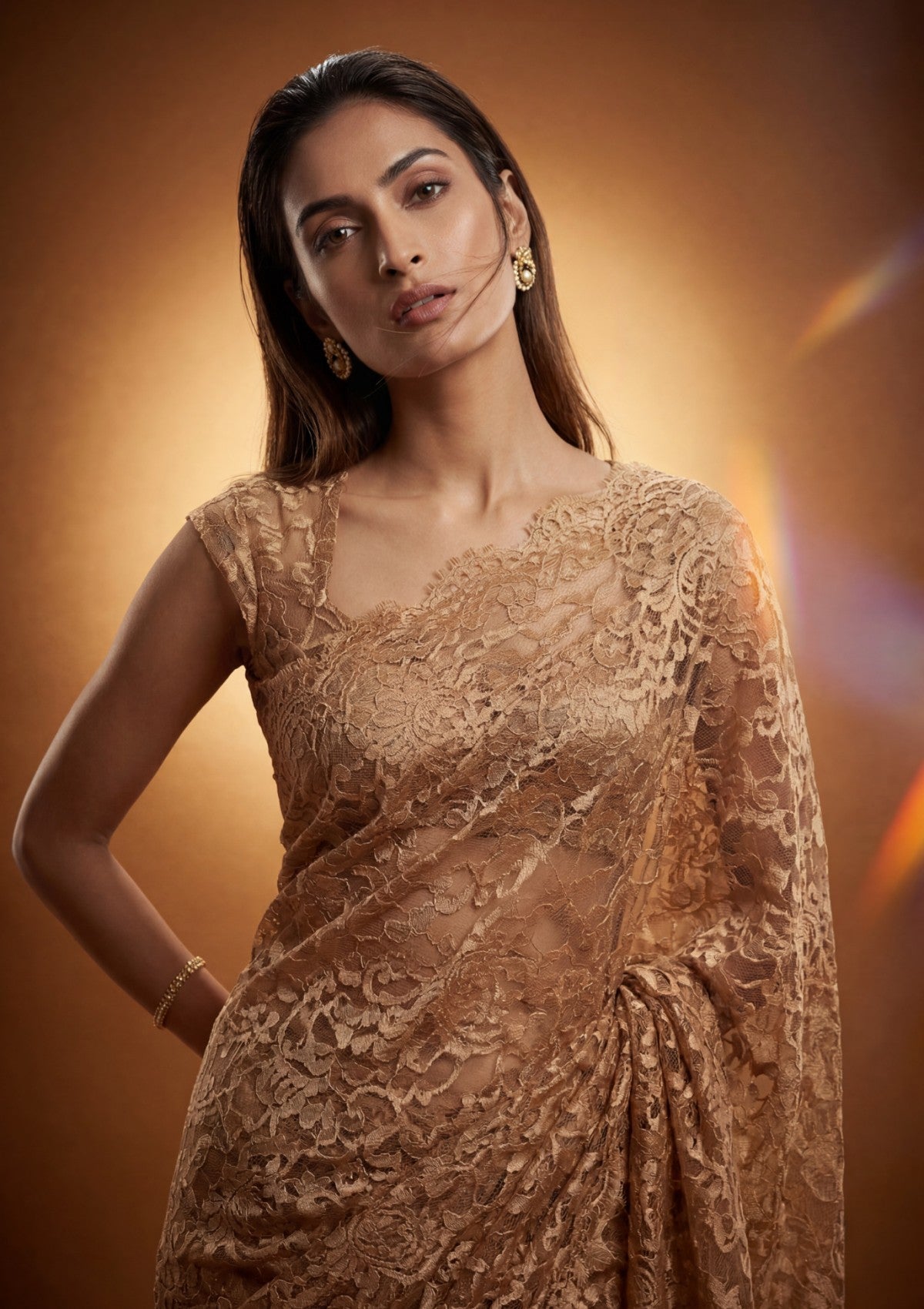 Fancy Chantilly Lace Saree - Light Golden