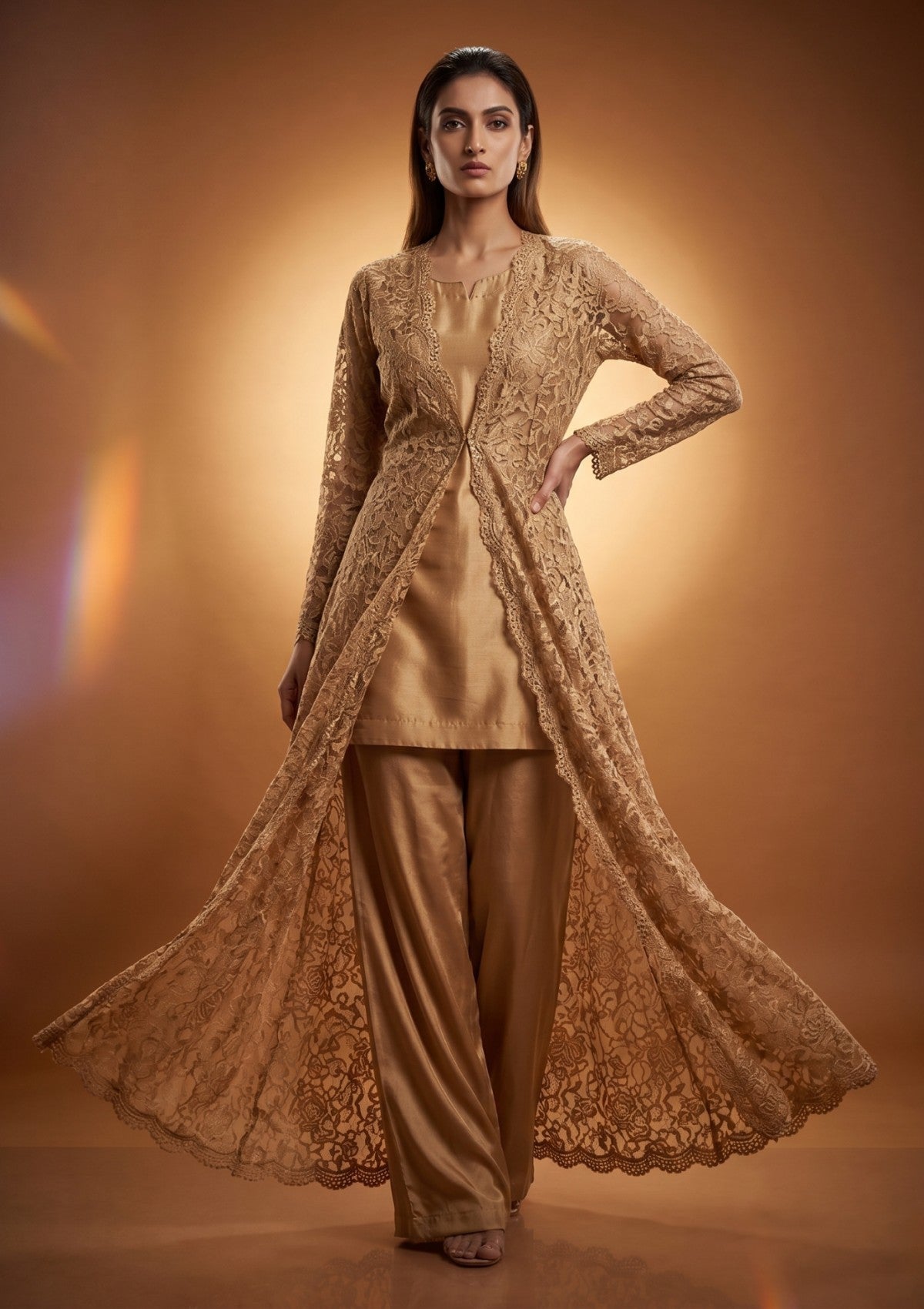 Fancy Chantilly Lace Saree - Light Golden