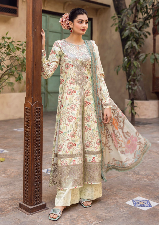 RPM#12 - Butter Milk - 3 pc - Printed & Embroidered - Print Melody 25 - Lawn