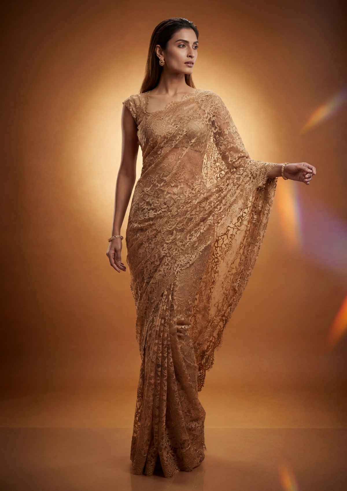 Fancy Chantilly Lace Saree - Light Golden