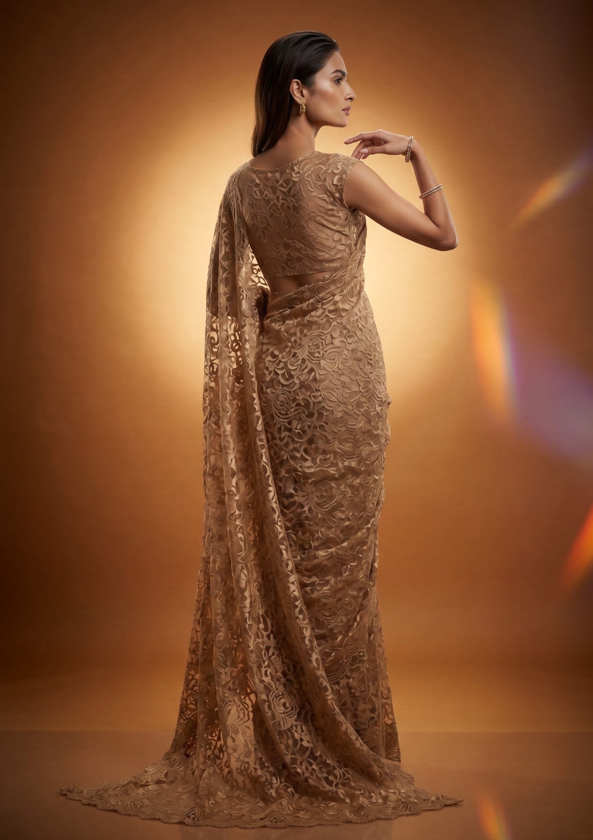 Fancy Chantilly Lace Saree - Light Golden