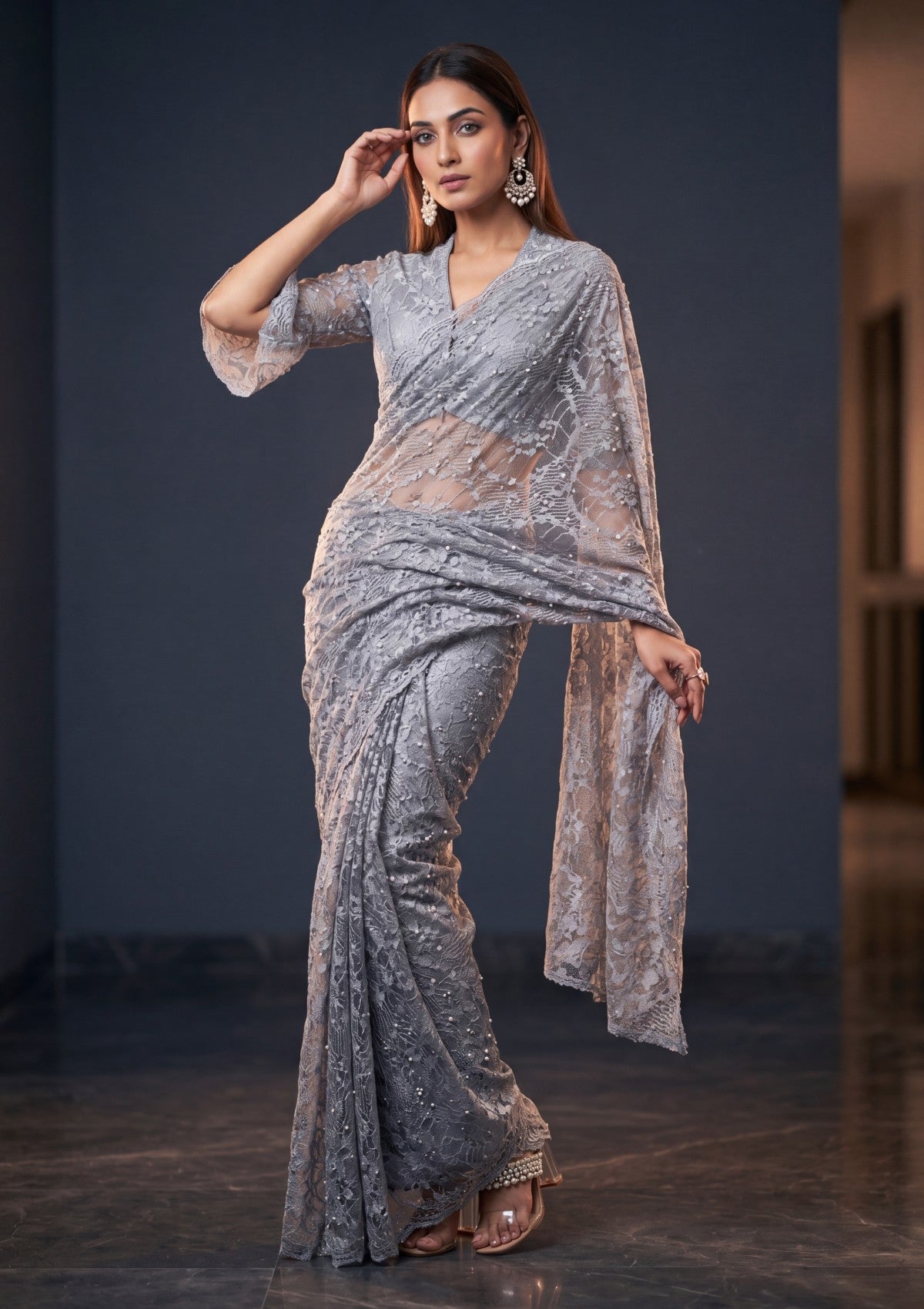 Fancy Chantilly Lace Saree - Grey