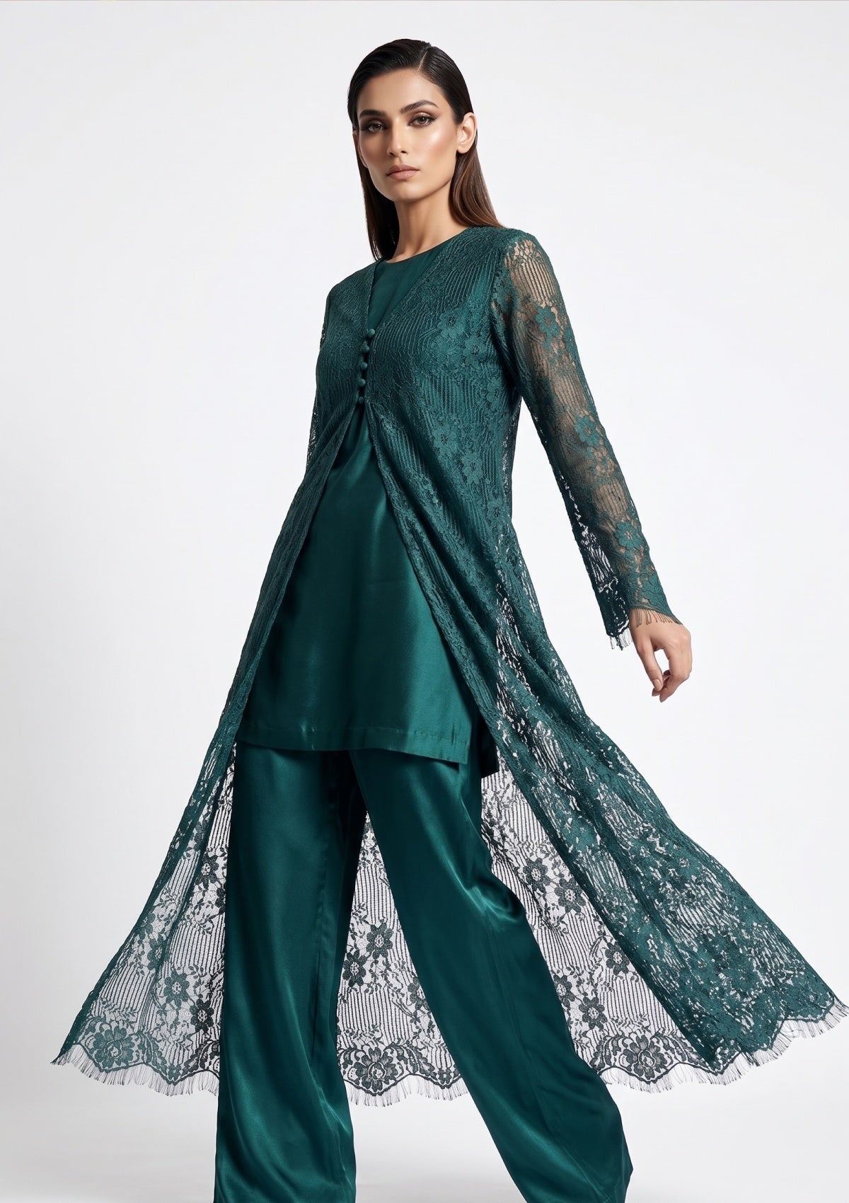 Fancy Chantilly Lace Saree - Green
