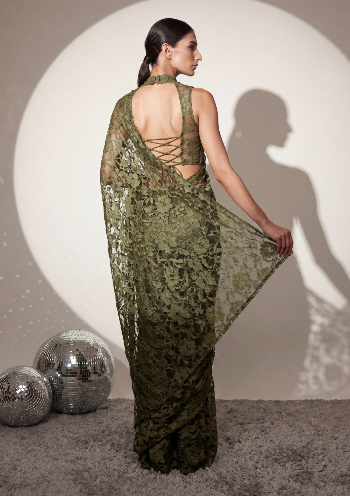 Fancy Chantilly Lace Saree - Olive Green