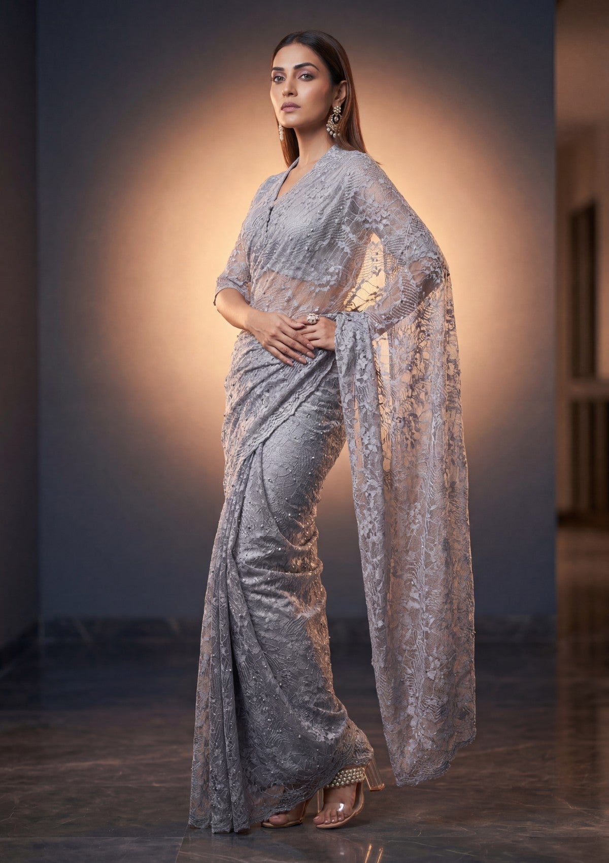 Fancy Chantilly Lace Saree - Grey