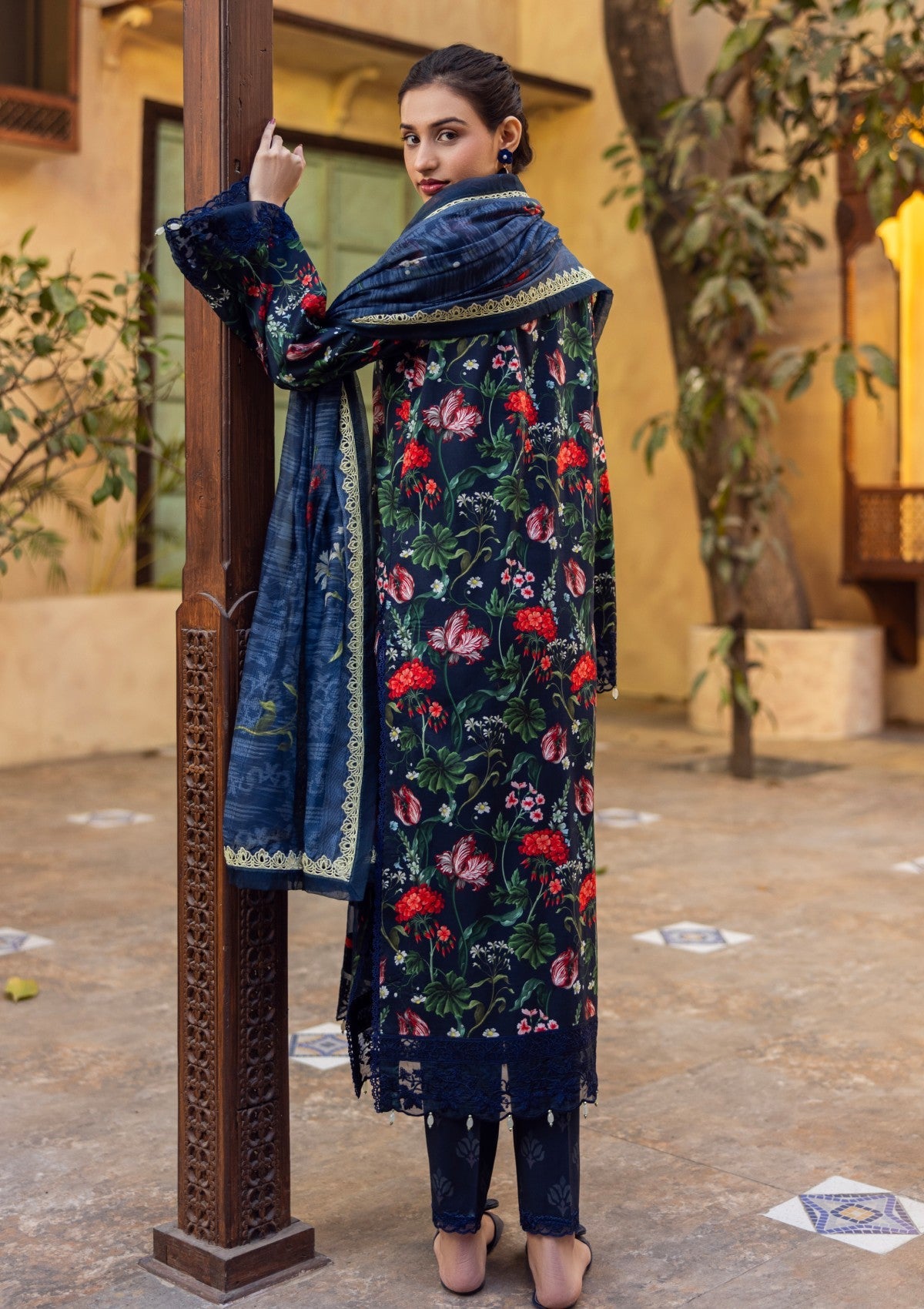 RPM#13 - Denim Blue - 3 pc - Printed & Embroidered - Print Melody 25 - Lawn