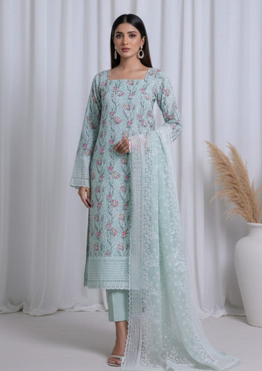 D#213 - Mint Green - 3 pc - Printed Embroidered - R Prints Lawn 26