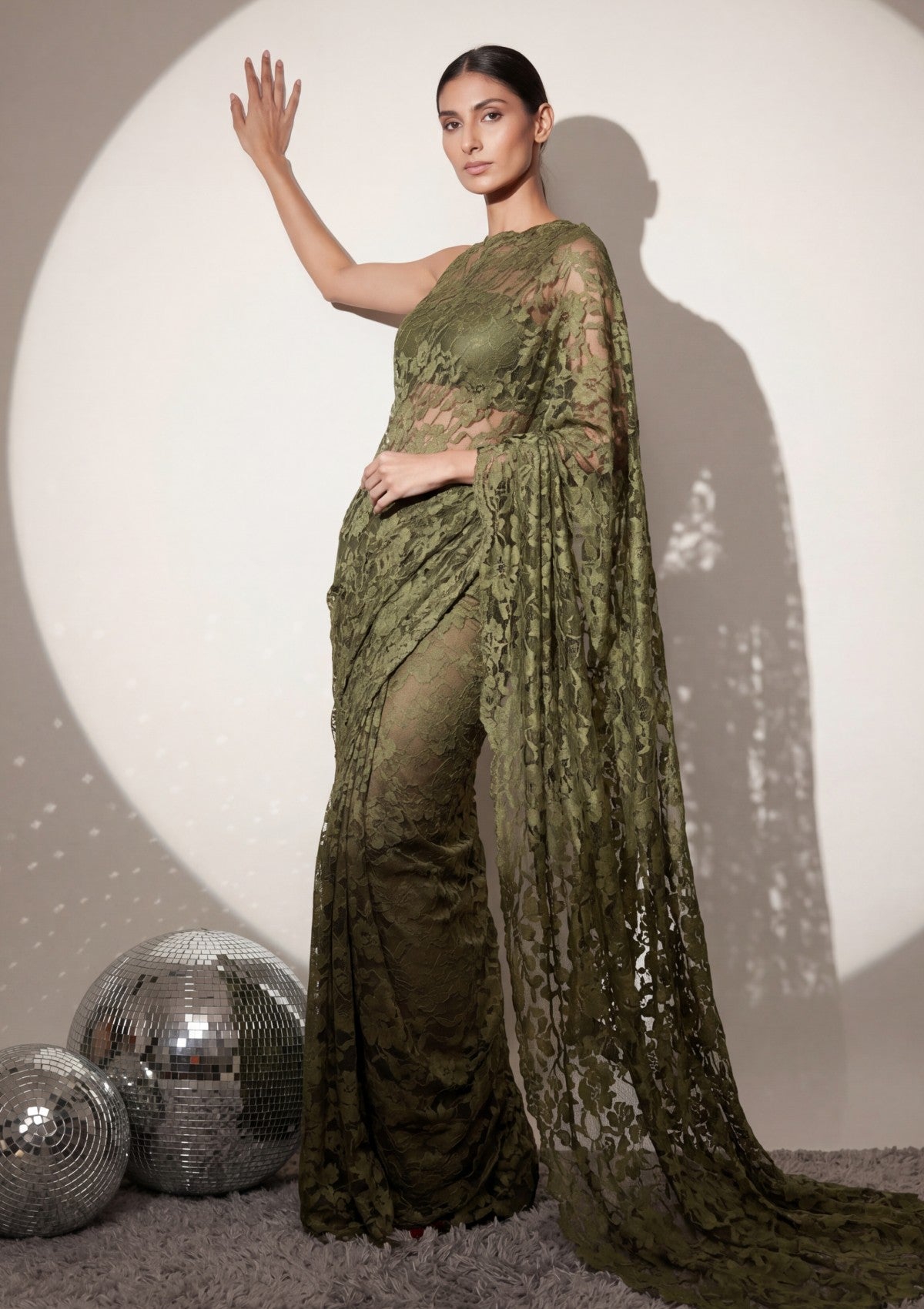 Fancy Chantilly Lace Saree - Olive Green