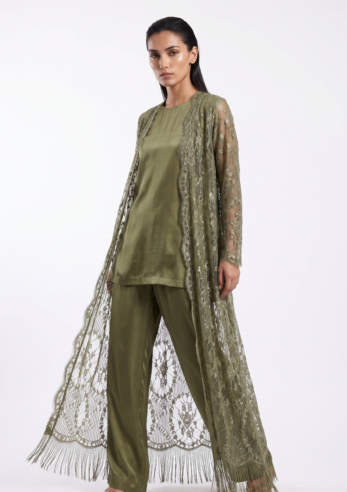 Fancy Chantilly Lace Saree - Mehndi Green