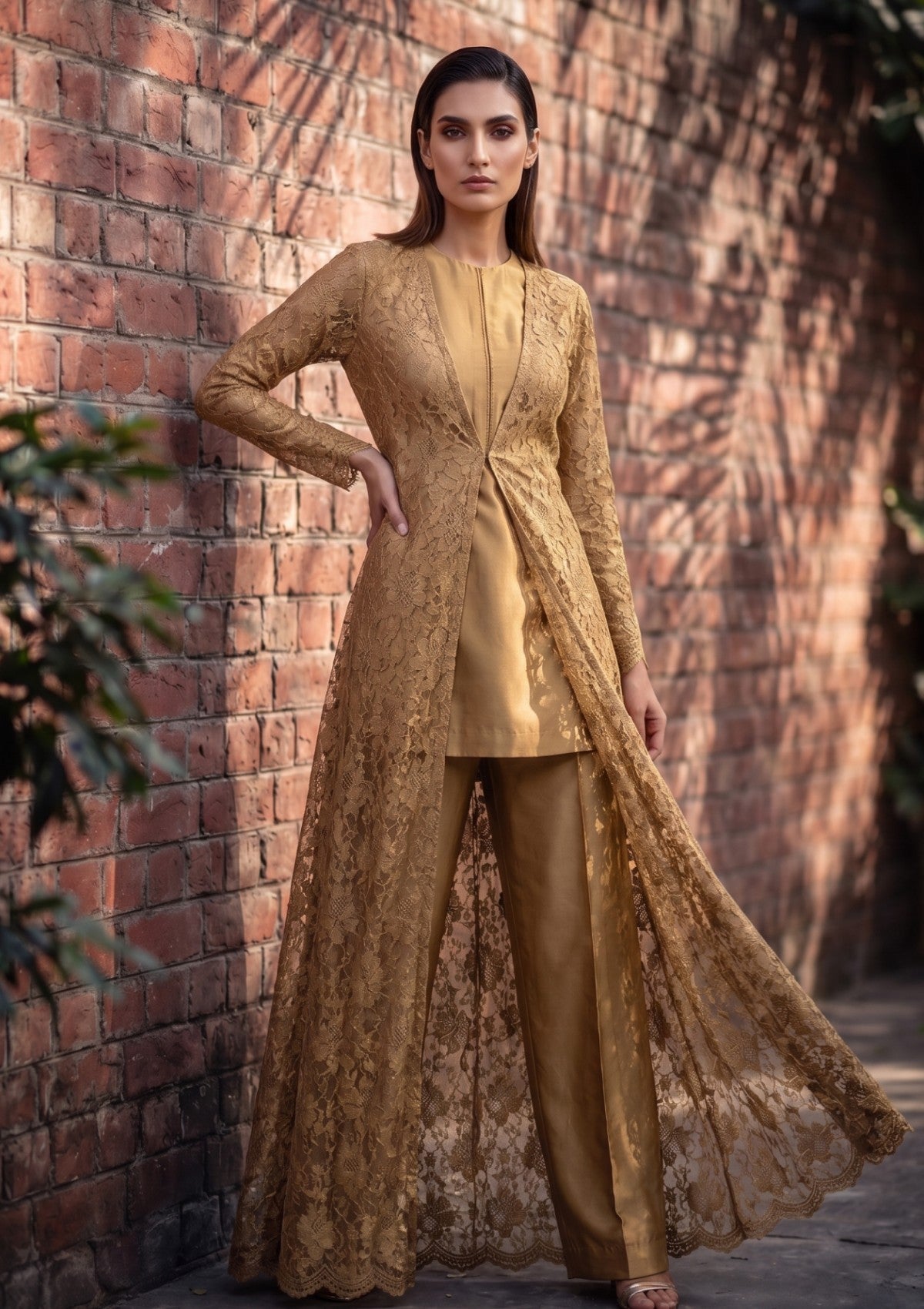 Fancy Chantilly Lace Saree - Deep Golden