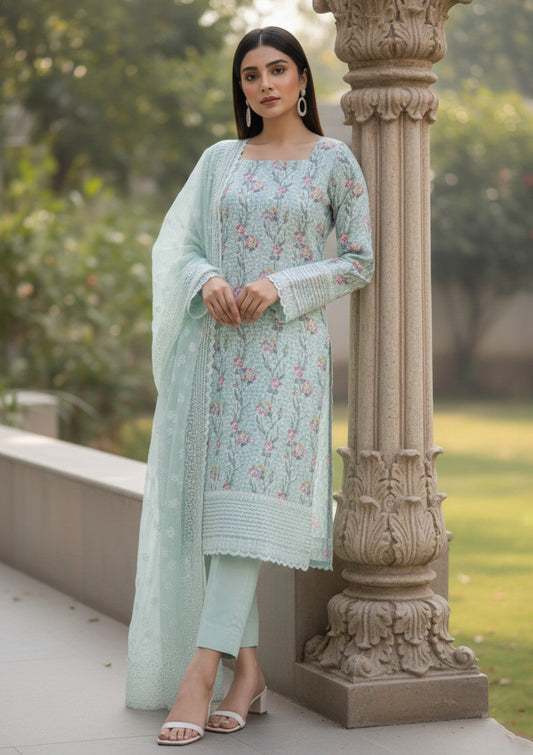 D#213 - Mint Green - 3 pc - Printed Embroidered - R Prints Lawn 26