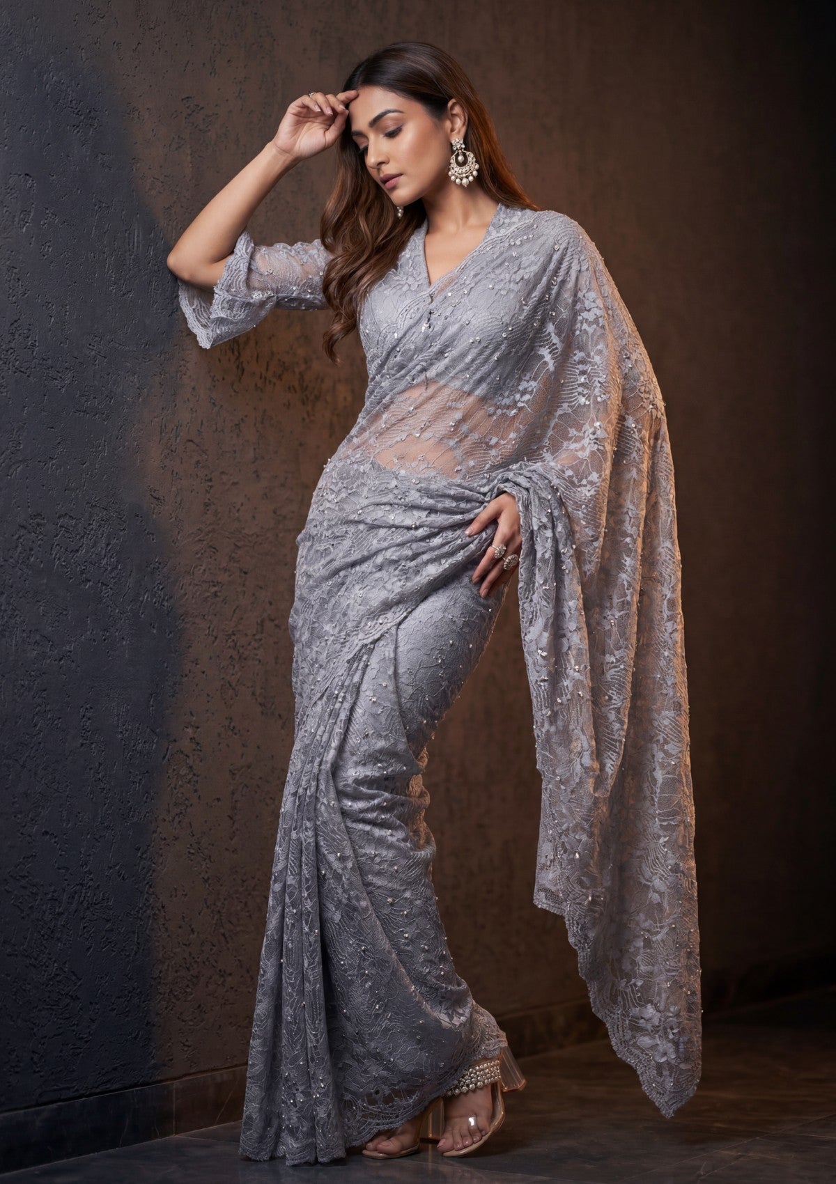 Fancy Chantilly Lace Saree - Grey