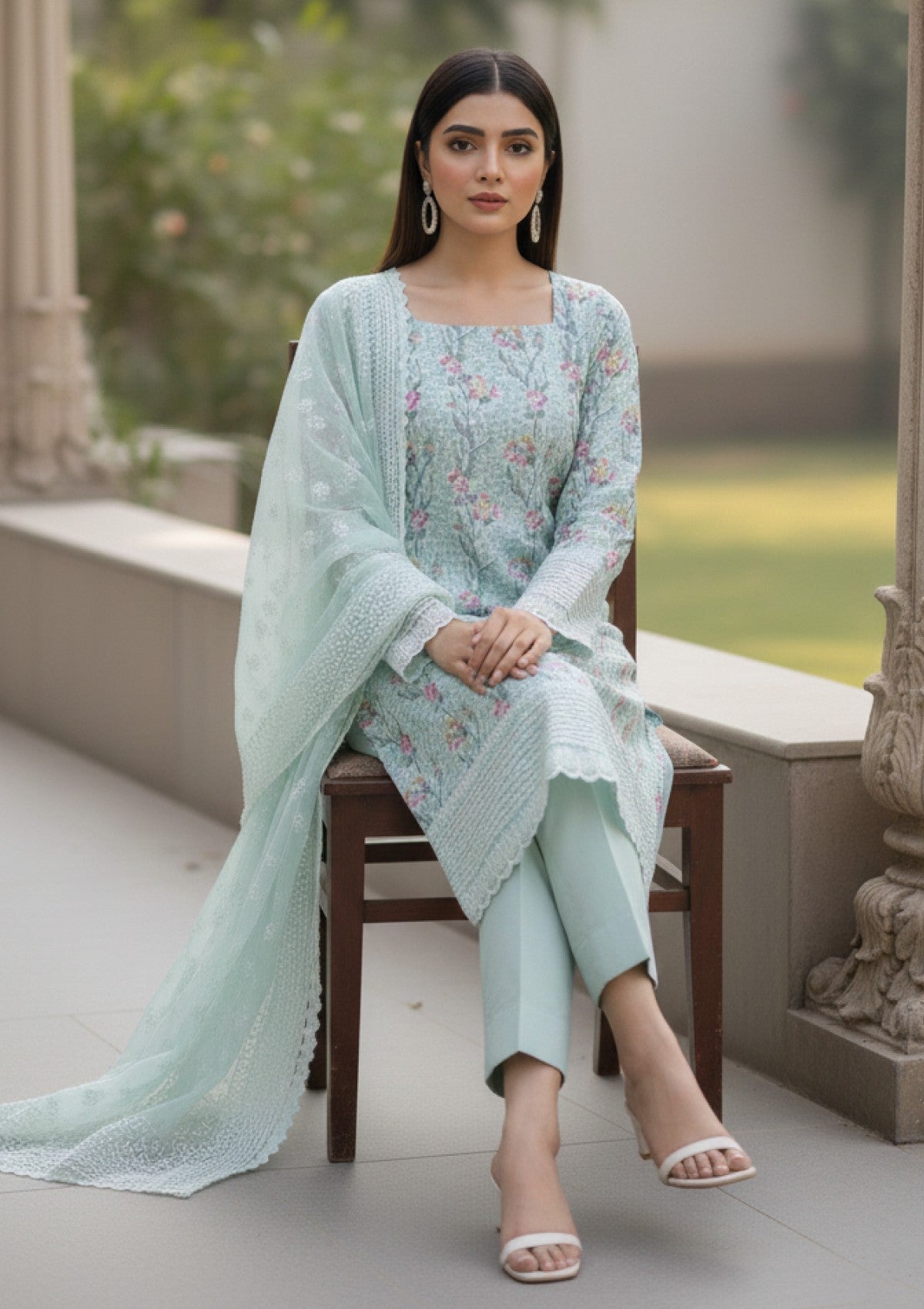 D#213 - Mint Green - 3 pc - Printed Embroidered - R Prints Lawn 26