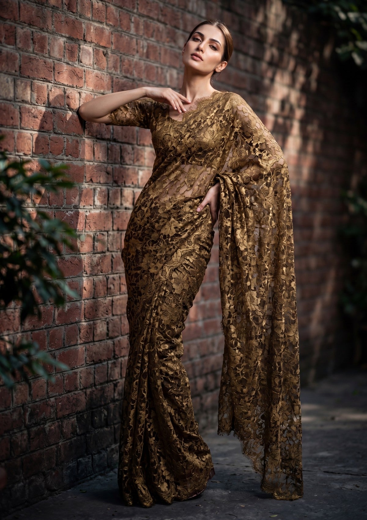 Fancy Chantilly Lace Saree - Deep Golden