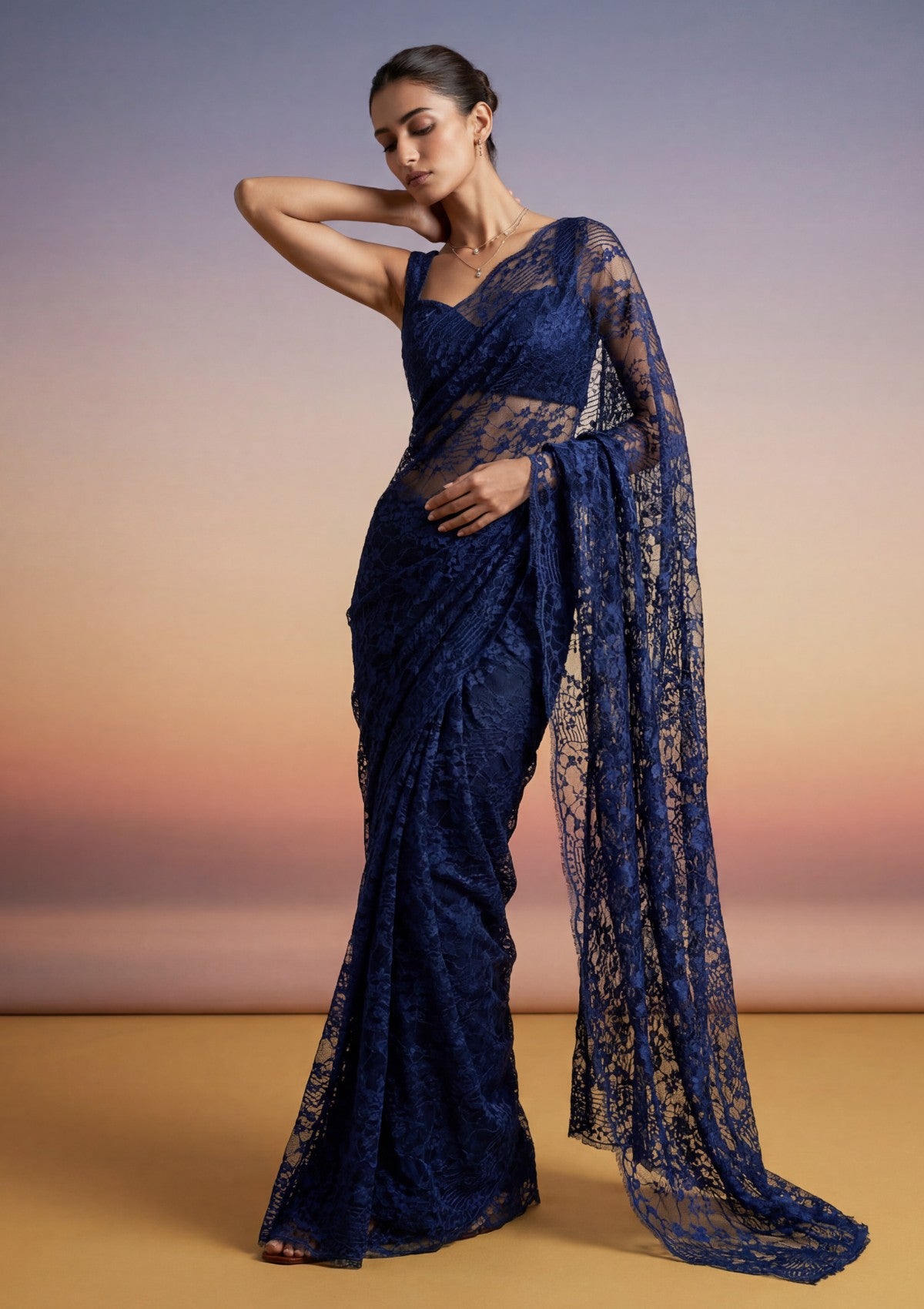 Fancy Chantilly Lace Saree - Navy Blue