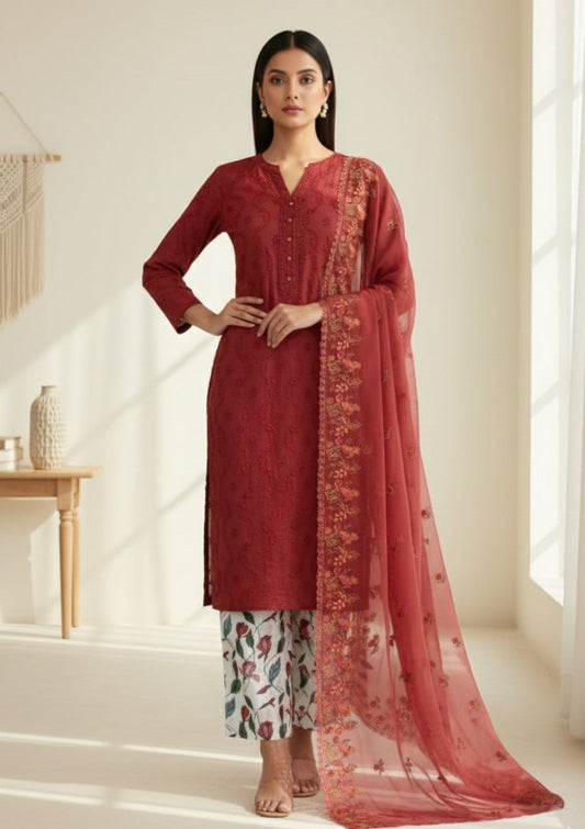 D#15 - Off White - 3 pc - Printed Embroidered - R Prints Lawn 26