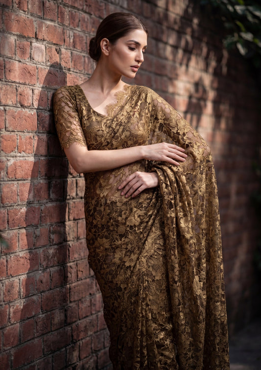 Fancy Chantilly Lace Saree - Deep Golden