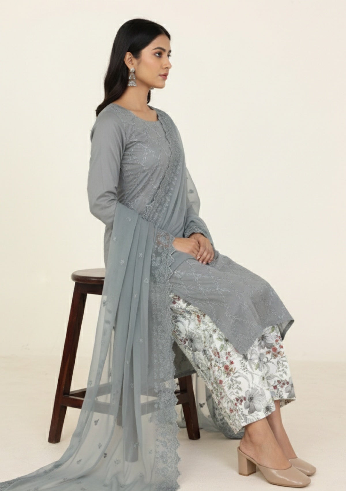 D#14 - Grey - 3 pc - Printed Embroidered - R Prints Lawn 26