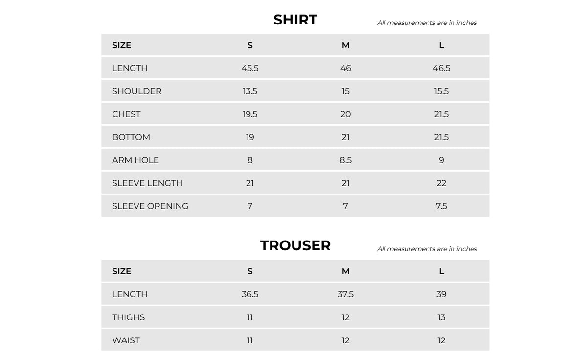 Product Size Chart