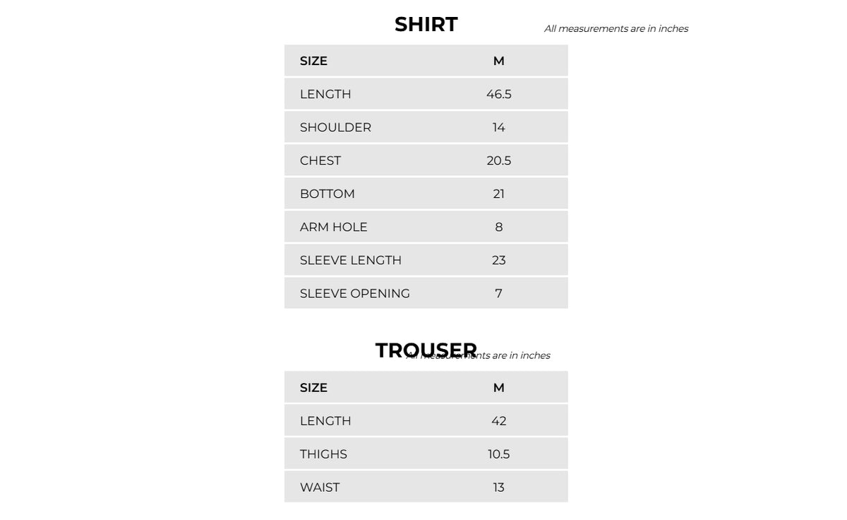 Product Size Chart
