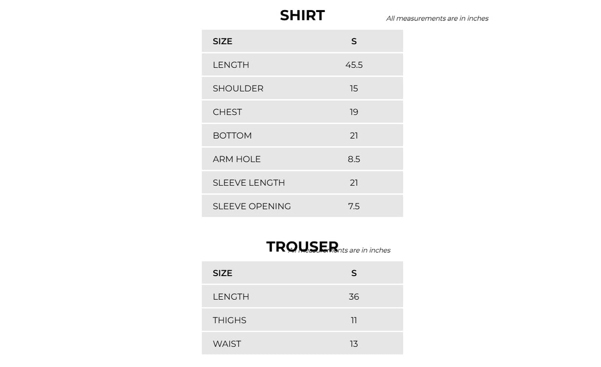 Product Size Chart