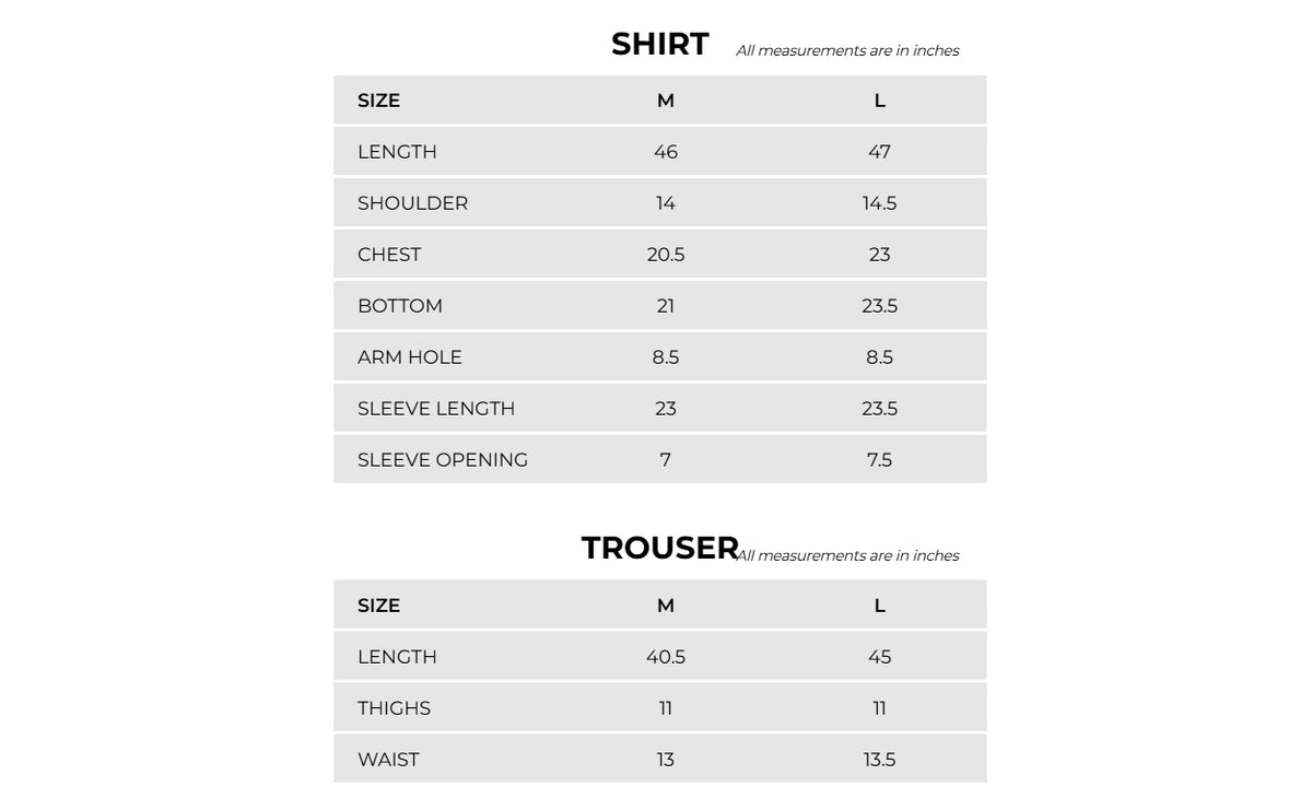 Product Size Chart