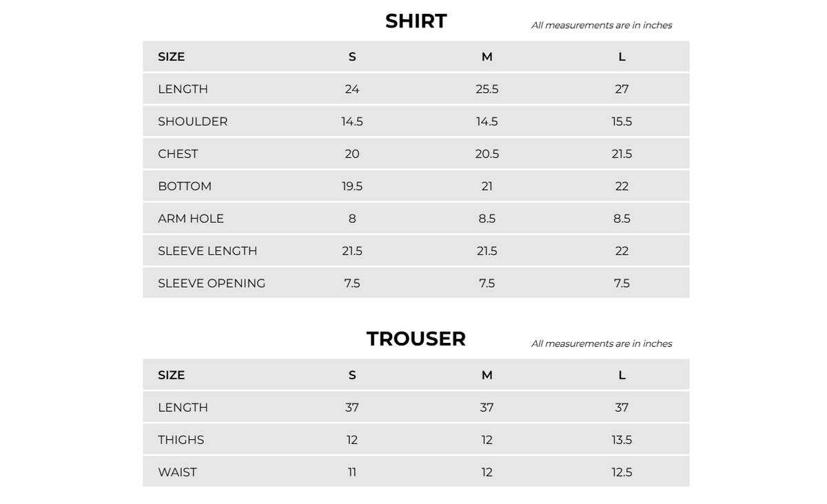 Product Size Chart