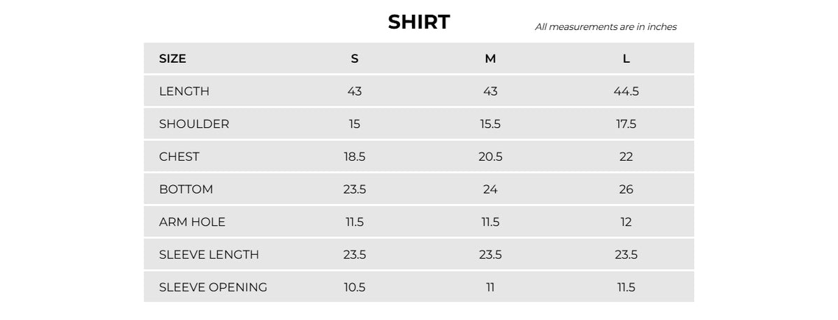 Product Size Chart