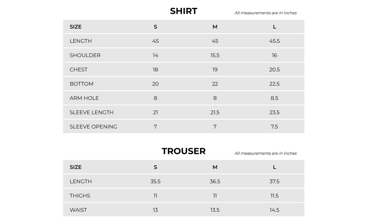 Product Size Chart