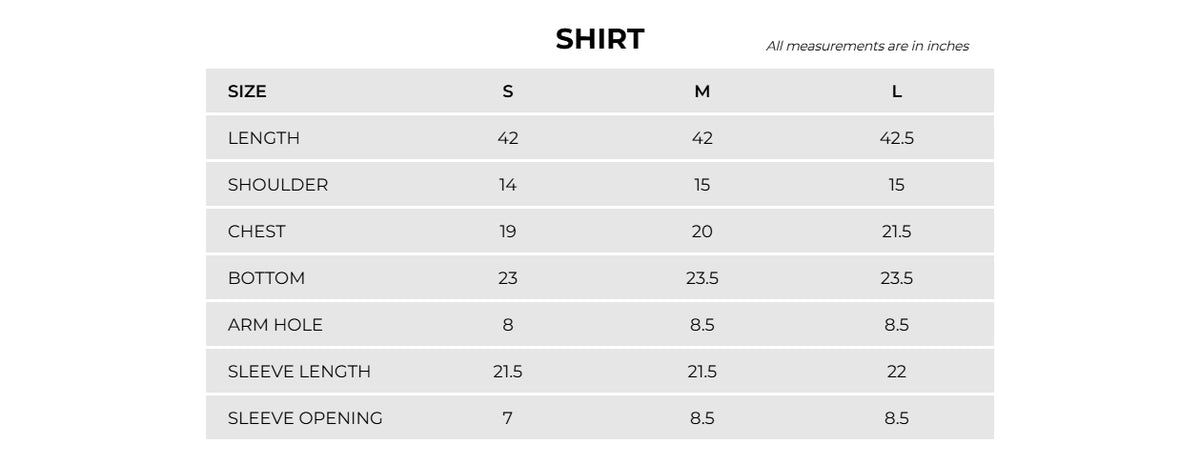 Product Size Chart